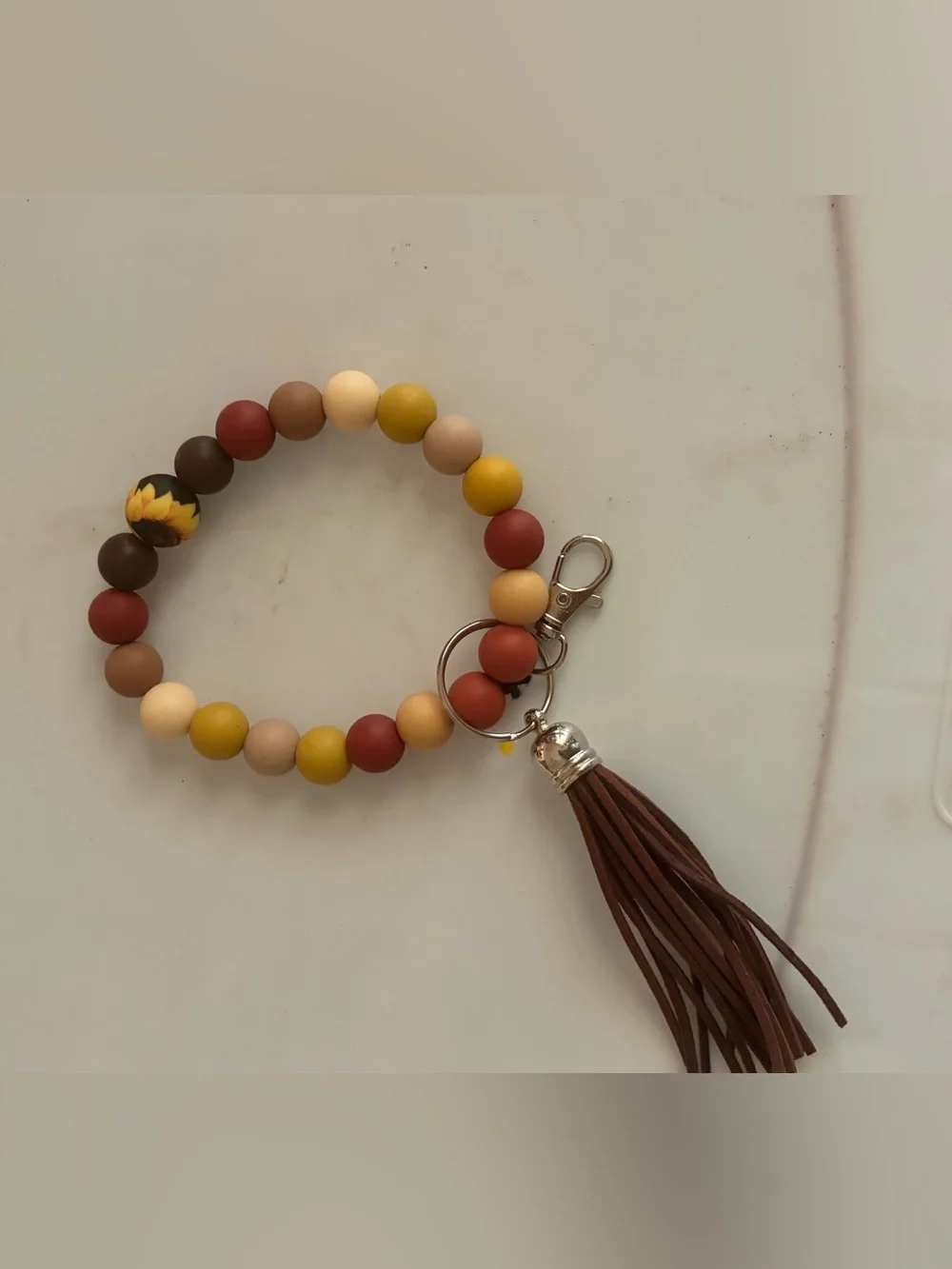 Beaded Wristlet Keychain with Tassel - Mustard, Rust & Cream